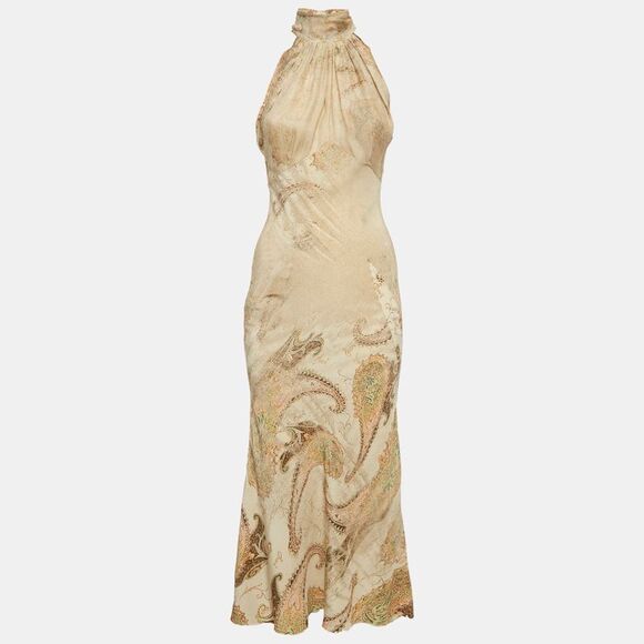 Roberto Cavalli Dresses & Skirts - Roberto Cavalli Beige Paisley Print Silk Neck Tie Detail Dress Xs
